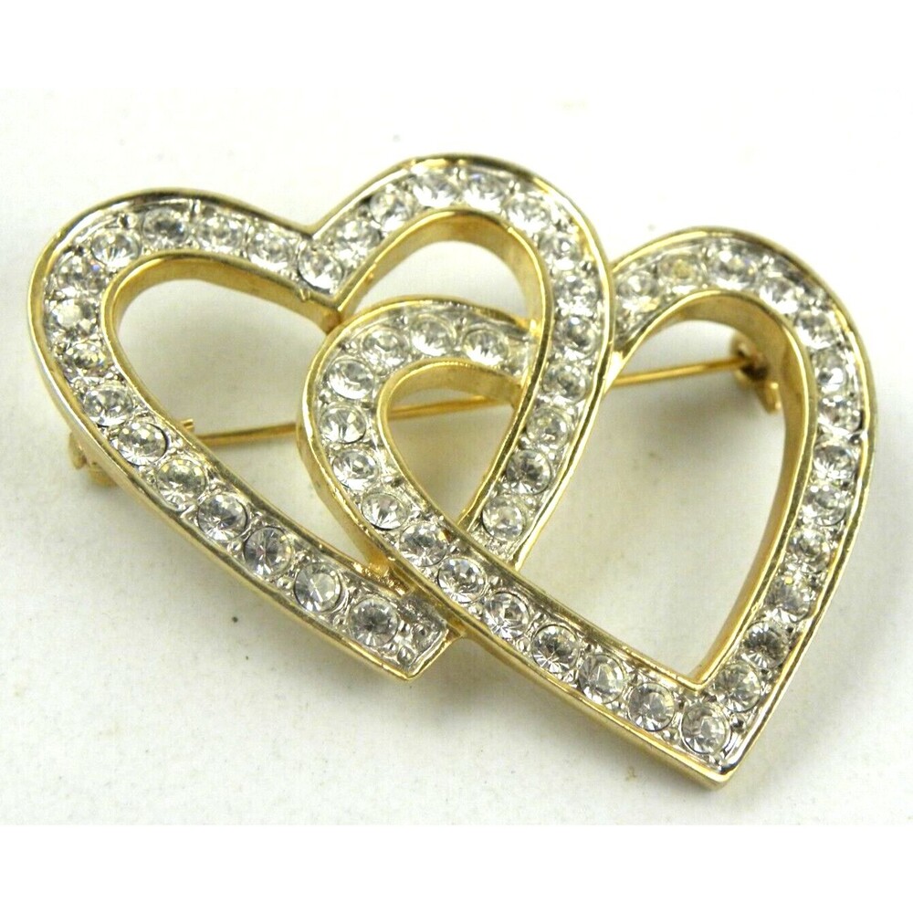 Rhinestone Double Heart Brooch Pin Gold Tone